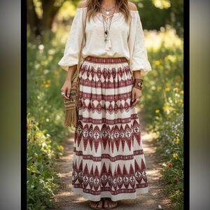 Vtg Maxi Skirt Fully Embroidered Cotton Red Beige Art To wear festival hippie